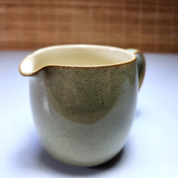 Denby Jug Creamer Pitcher Green Stoneware Pottery 12oz Tan Interior Brown Edges - Picture 1 of 9